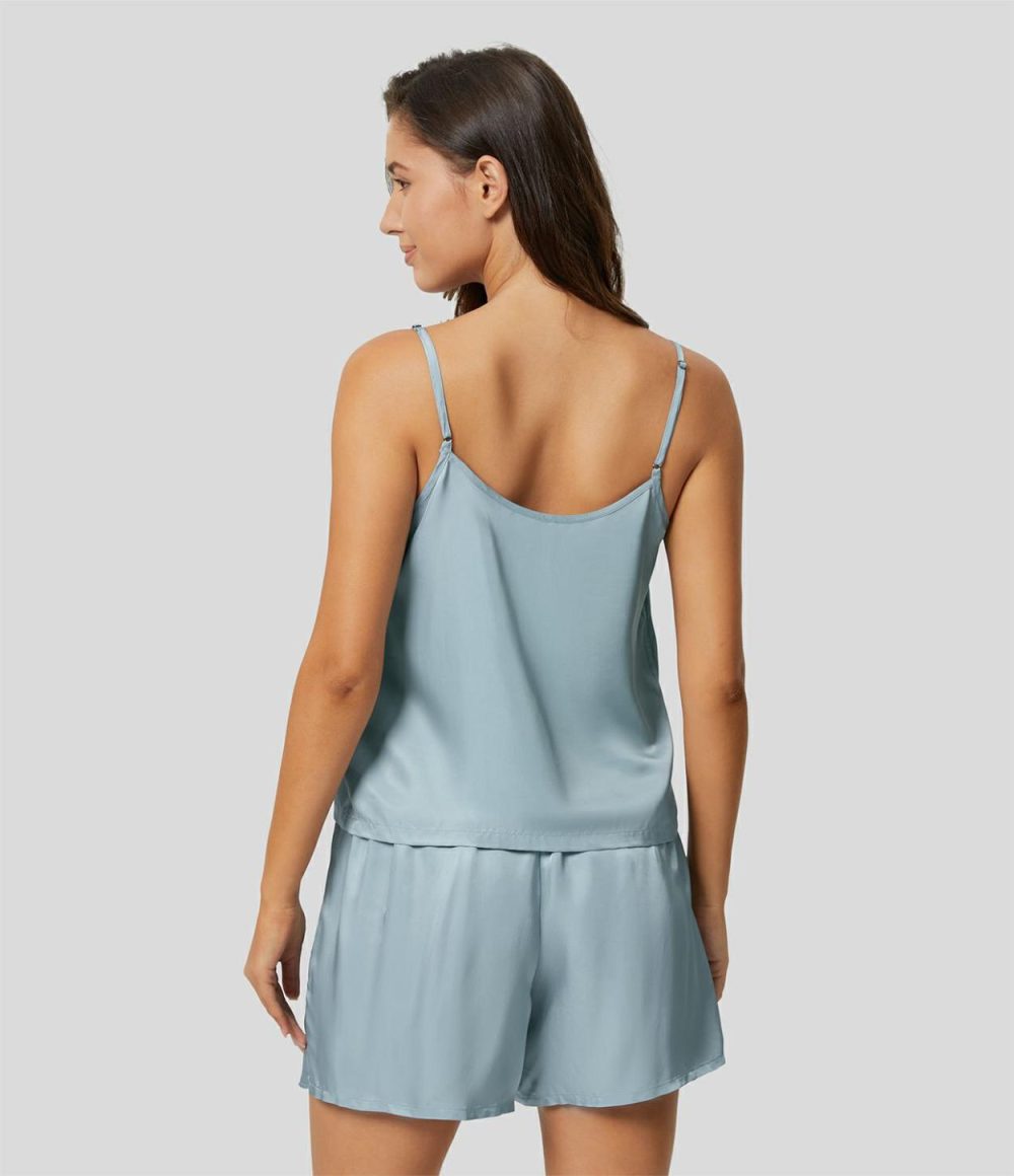 Adjustable Strap Asymmetric Hem Satin-Like Casual Cami  | Womens  T-Shirts Clothing Sterling Blue