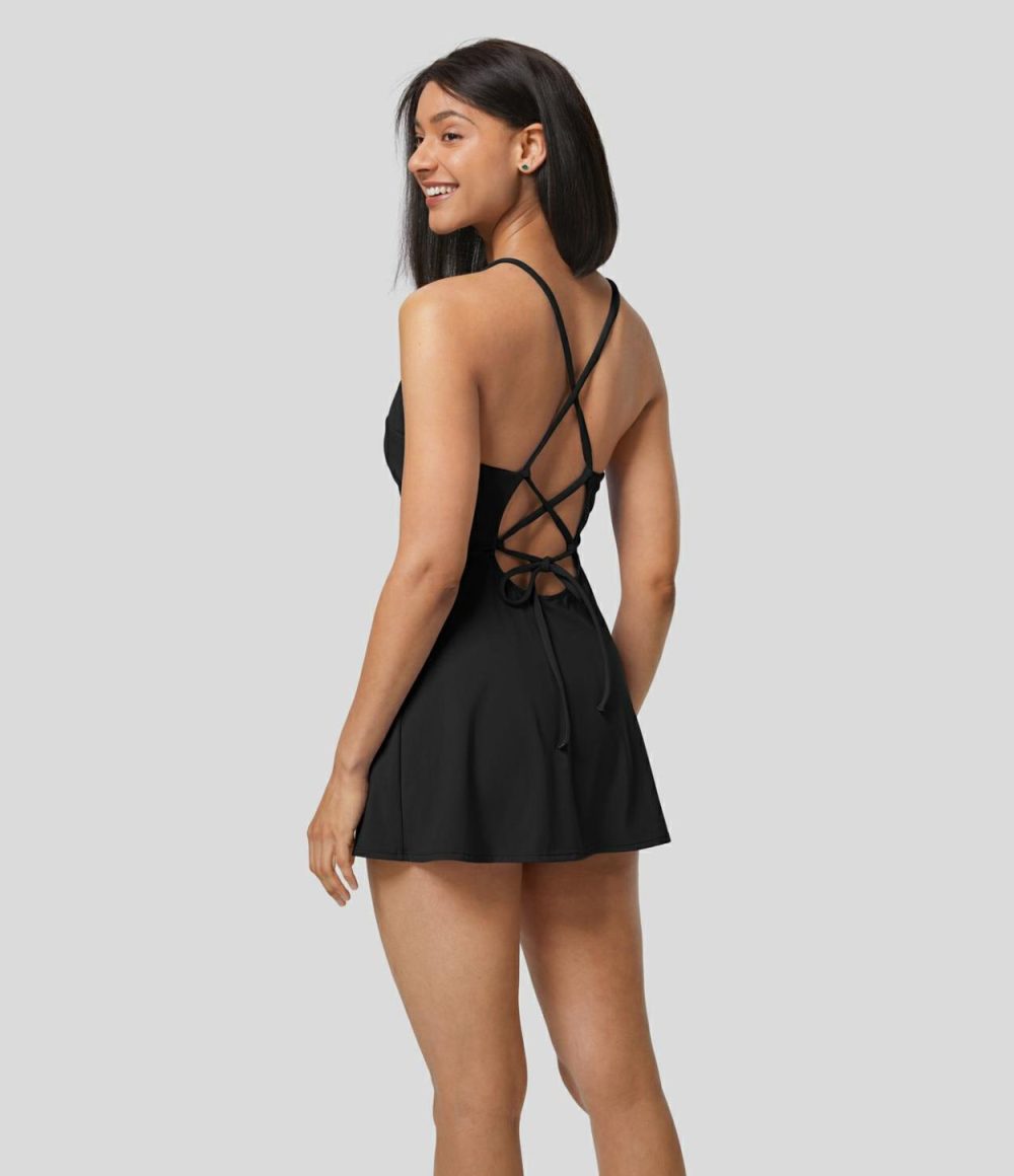 Adjustable Strap Backless Lace Up 2-Piece Set Pocket Mini Slip Casual Dress  | Womens  Active Dresses Active Dresses Active Dresses