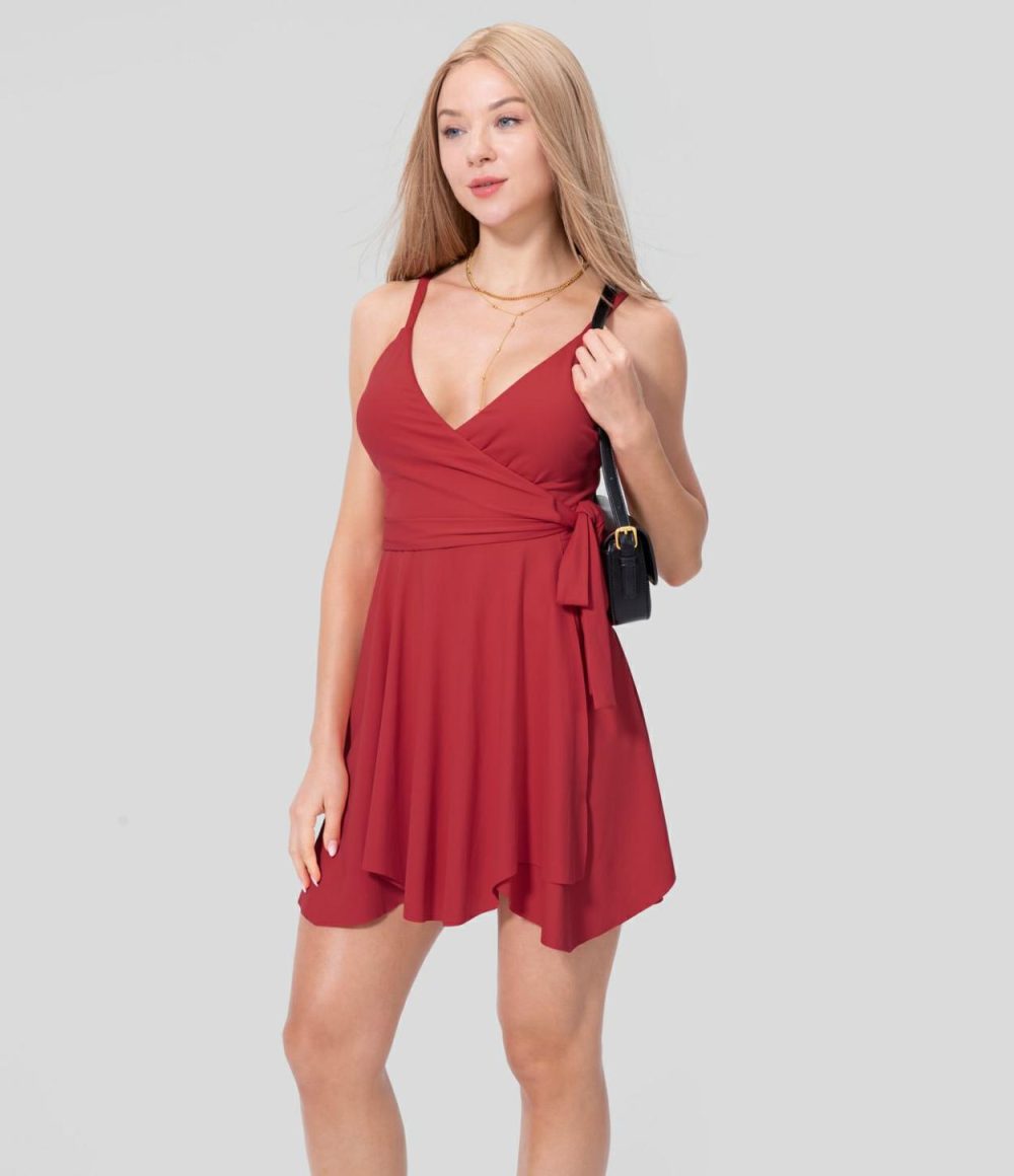 Adjustable Strap Backless Tie Side Wrapped Ruffle Slip Flowy Mini Casual Dress  | Womens  Mini Dresses Clothing Mini Dresses