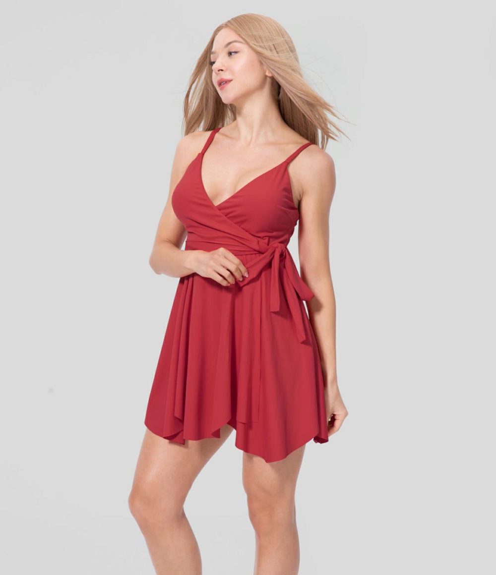 Adjustable Strap Backless Tie Side Wrapped Ruffle Slip Flowy Mini Casual Dress  | Womens  Mini Dresses Clothing Mini Dresses