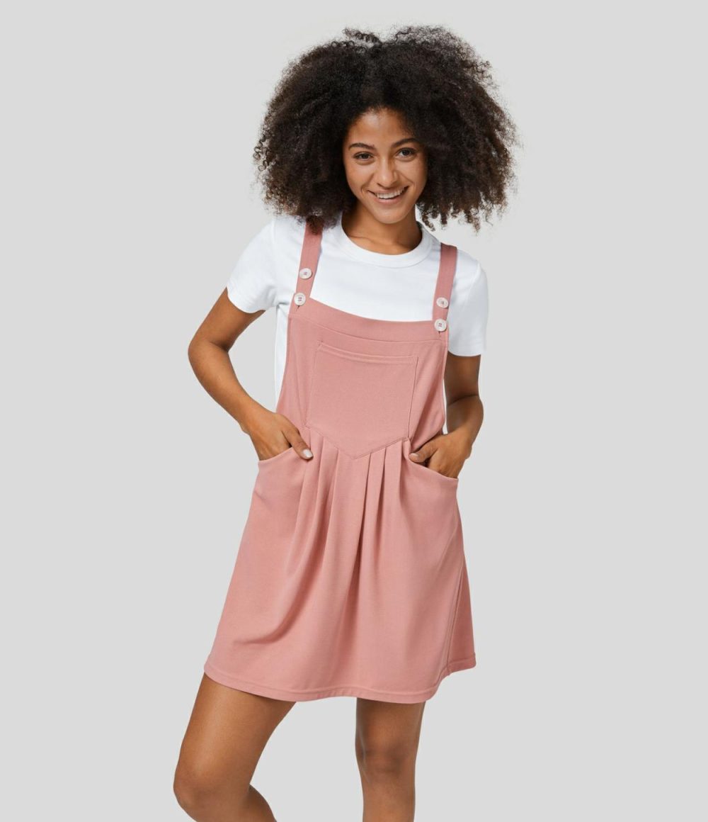 Adjustable Strap Button Multiple Pockets Plicated Mini Waffle Casual Pinafore Dress  | Womens  Mini Dresses Clothing Mini Dresses