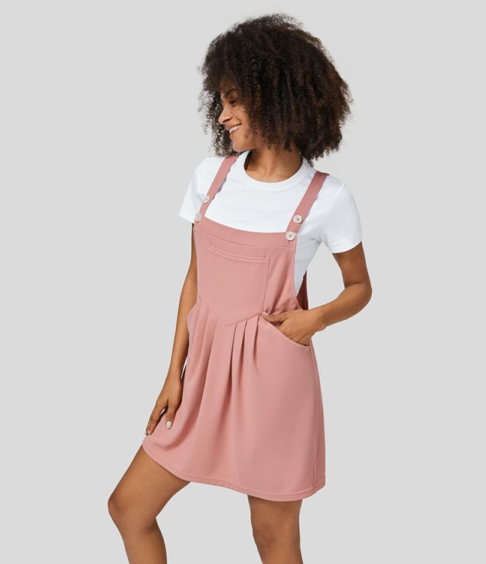 Adjustable Strap Button Multiple Pockets Plicated Mini Waffle Casual Pinafore Dress  | Womens  Mini Dresses Clothing Mini Dresses