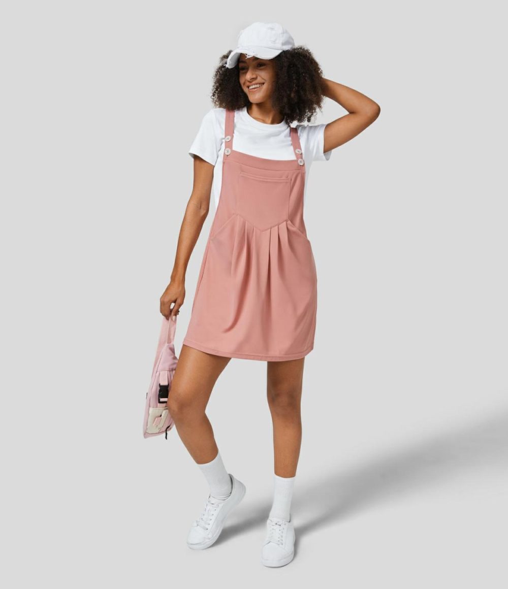 Adjustable Strap Button Multiple Pockets Plicated Mini Waffle Casual Pinafore Dress  | Womens  Mini Dresses Clothing Mini Dresses