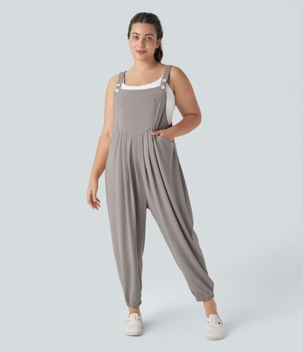 Adjustable Strap Button Multiple Pockets Plicated Waffle Casual Plus Size Jogger Overalls  | Womens  Overalls Clothing Overalls