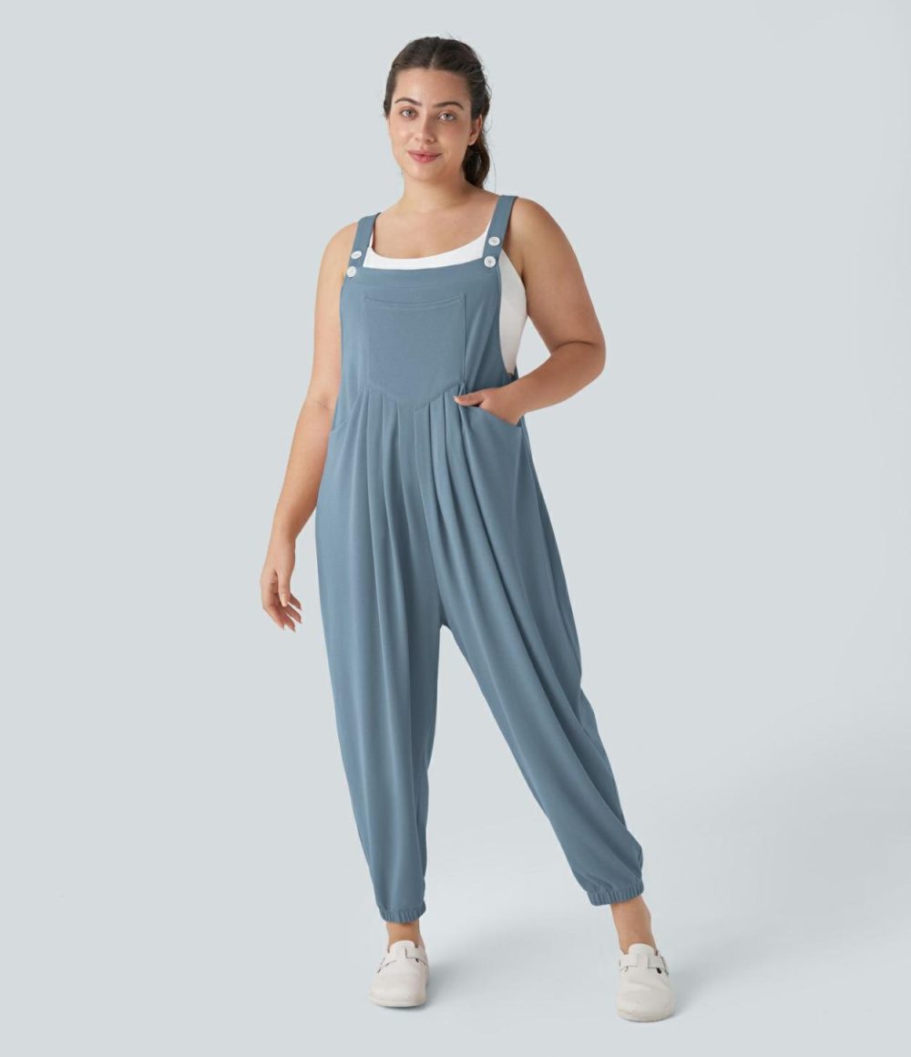 Adjustable Strap Button Multiple Pockets Plicated Waffle Casual Plus Size Jogger Overalls  | Womens  Overalls Clothing Overalls