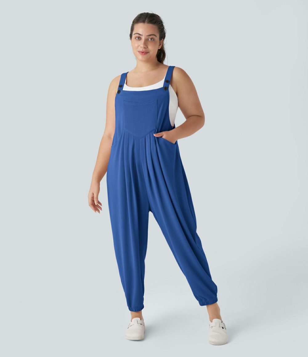 Adjustable Strap Button Multiple Pockets Plicated Waffle Casual Plus Size Jogger Overalls  | Womens  Overalls Clothing Overalls