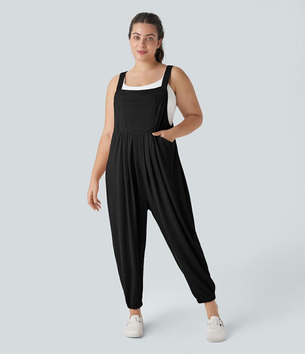 Adjustable Strap Button Multiple Pockets Plicated Waffle Casual Plus Size Jogger Overalls  | Womens  Overalls Clothing Overalls