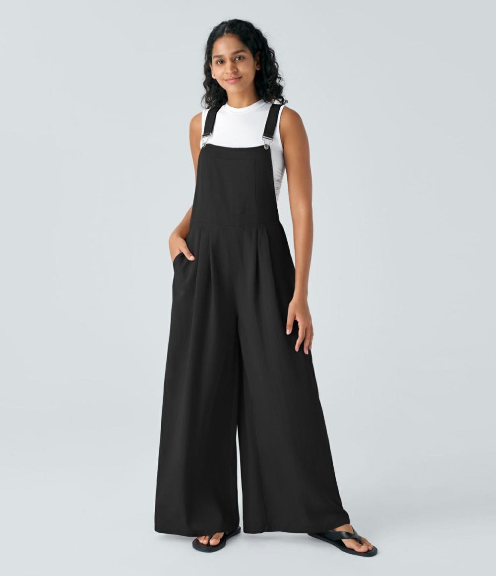 Adjustable Strap Multiple Pockets Plicated Wide Leg Resort Overalls  | Womens  Overalls Clothing Elegant Pink/Black