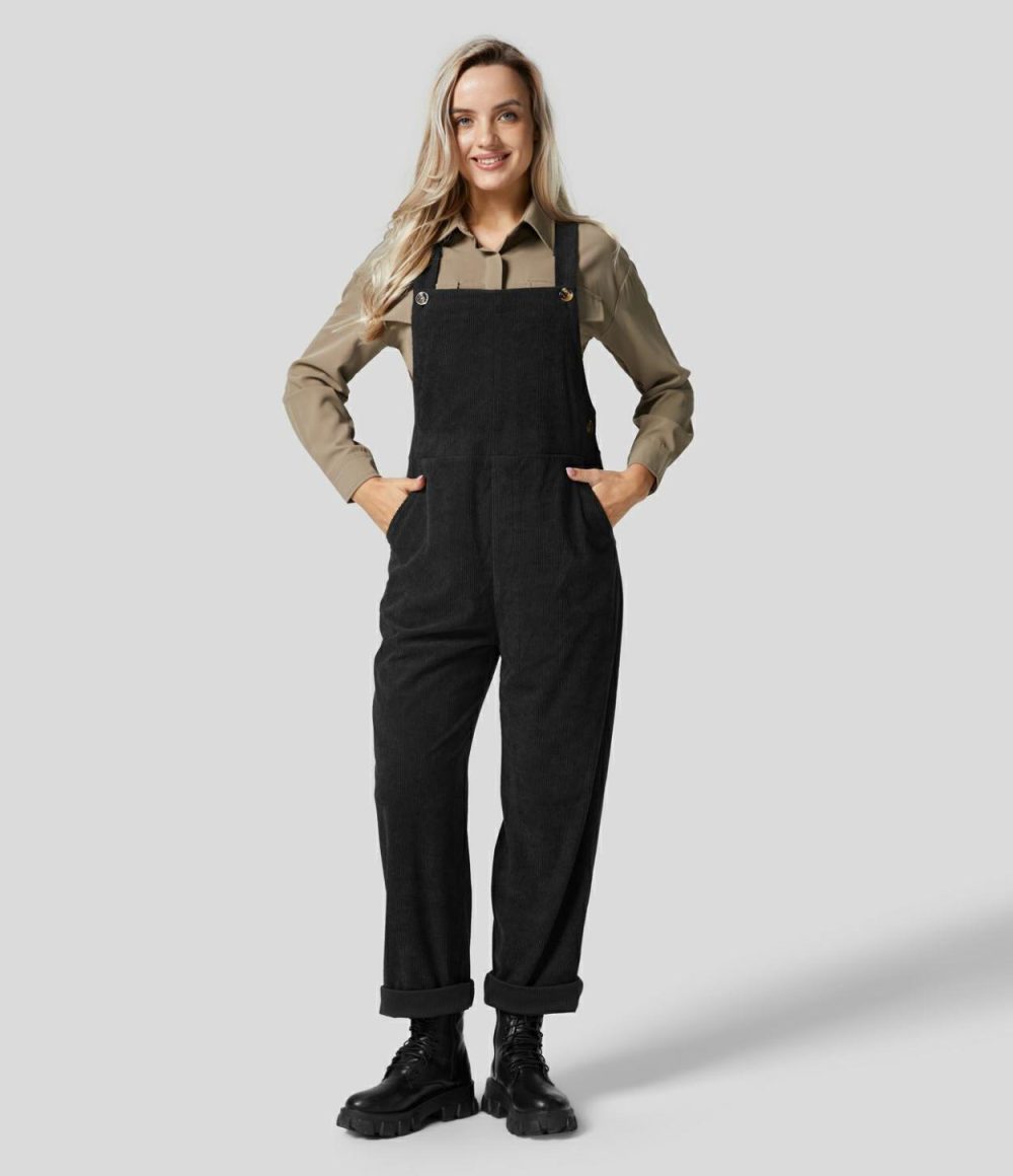 Adjustable Strap Multiple Pockets Straight Leg Corduroy Casual Overalls  | Womens  Overalls Clothing Black/Demitasse