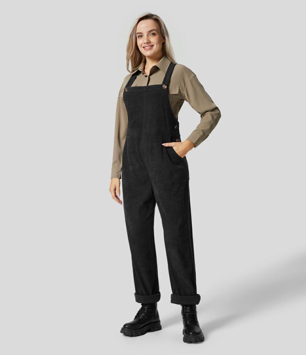 Adjustable Strap Multiple Pockets Straight Leg Corduroy Casual Overalls  | Womens  Overalls Clothing Black/Demitasse