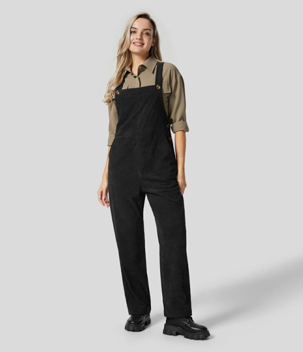 Adjustable Strap Multiple Pockets Straight Leg Corduroy Casual Overalls  | Womens  Overalls Clothing Black/Demitasse