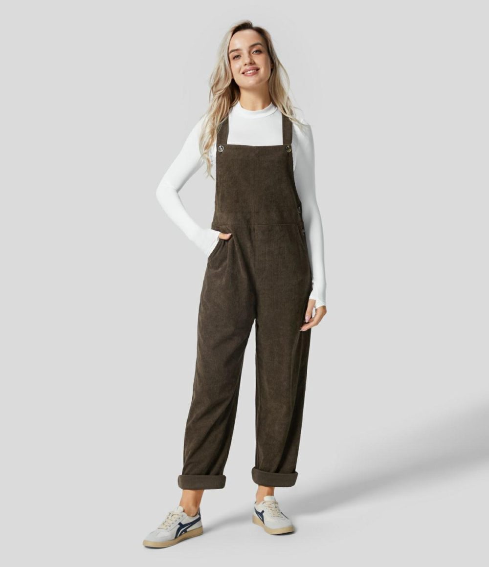 Adjustable Strap Multiple Pockets Straight Leg Corduroy Casual Overalls  | Womens  Overalls Clothing Black/Demitasse