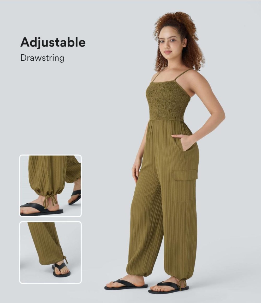 Adjustable Strap Shirred Multiple Pockets Drawstring Linen-Feel Resort Cargo Slip Jumpsuit  | Womens  Cargo Pants Cargo Pants Cargo Pants