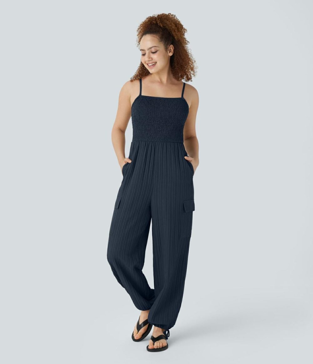 Adjustable Strap Shirred Multiple Pockets Drawstring Linen-Feel Resort Cargo Slip Jumpsuit  | Womens  Cargo Pants Cargo Pants Cargo Pants