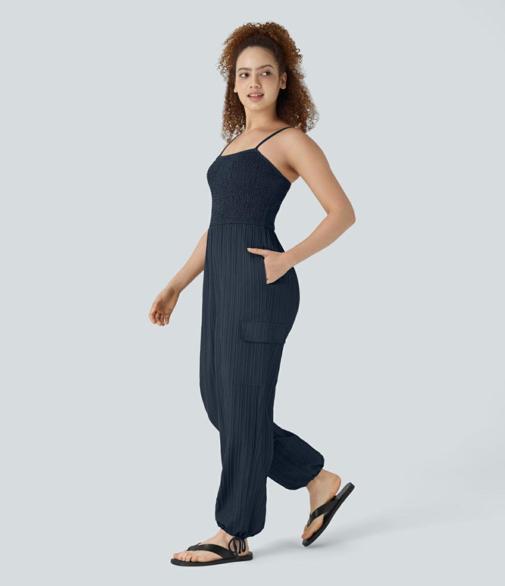 Adjustable Strap Shirred Multiple Pockets Drawstring Linen-Feel Resort Cargo Slip Jumpsuit  | Womens  Cargo Pants Cargo Pants Cargo Pants