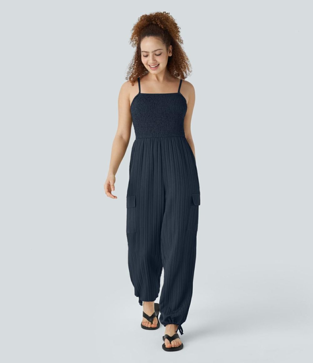 Adjustable Strap Shirred Multiple Pockets Drawstring Linen-Feel Resort Cargo Slip Jumpsuit  | Womens  Cargo Pants Cargo Pants Cargo Pants