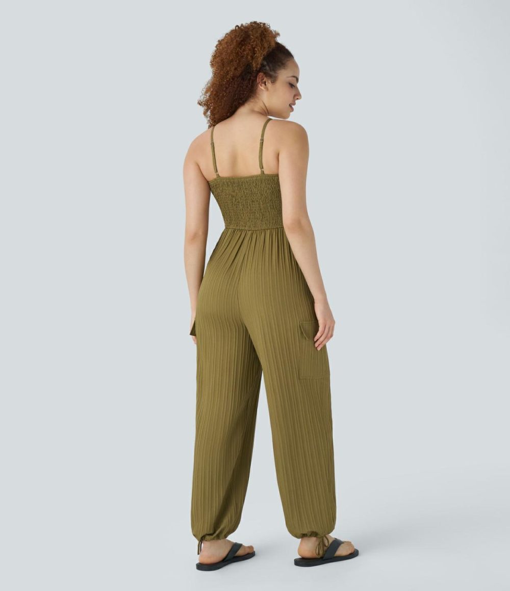 Adjustable Strap Shirred Multiple Pockets Drawstring Linen-Feel Resort Cargo Slip Jumpsuit  | Womens  Cargo Pants Cargo Pants Cargo Pants