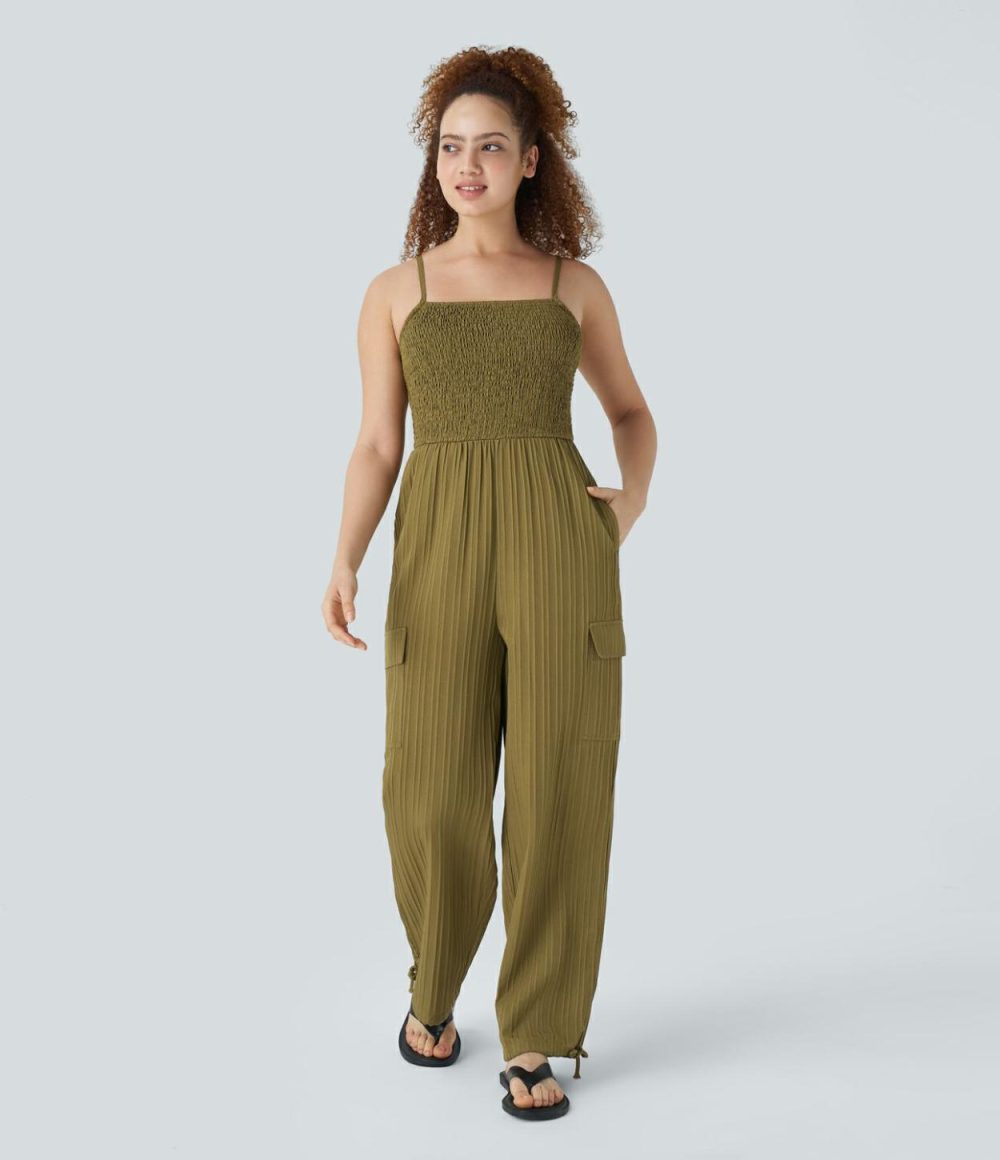 Adjustable Strap Shirred Multiple Pockets Drawstring Linen-Feel Resort Cargo Slip Jumpsuit  | Womens  Cargo Pants Cargo Pants Cargo Pants