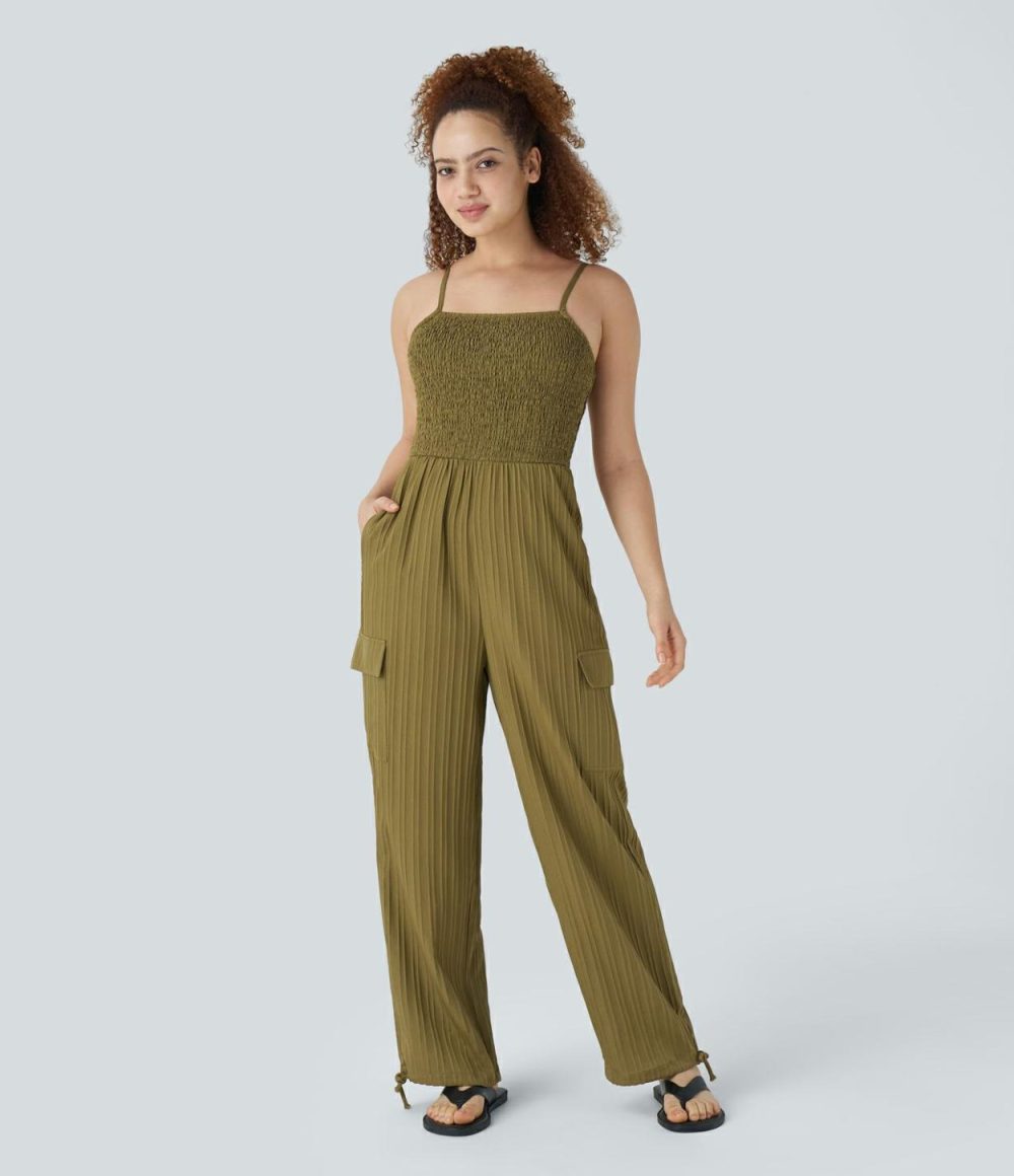 Adjustable Strap Shirred Multiple Pockets Drawstring Linen-Feel Resort Cargo Slip Jumpsuit  | Womens  Cargo Pants Cargo Pants Cargo Pants