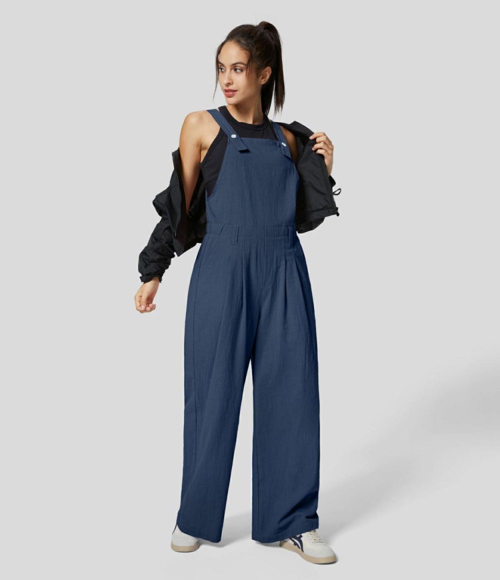 Adjustable Strap Side Pocket Plicated Casual Linen-Feel Overalls  | Womens  Overalls Clothing Overalls