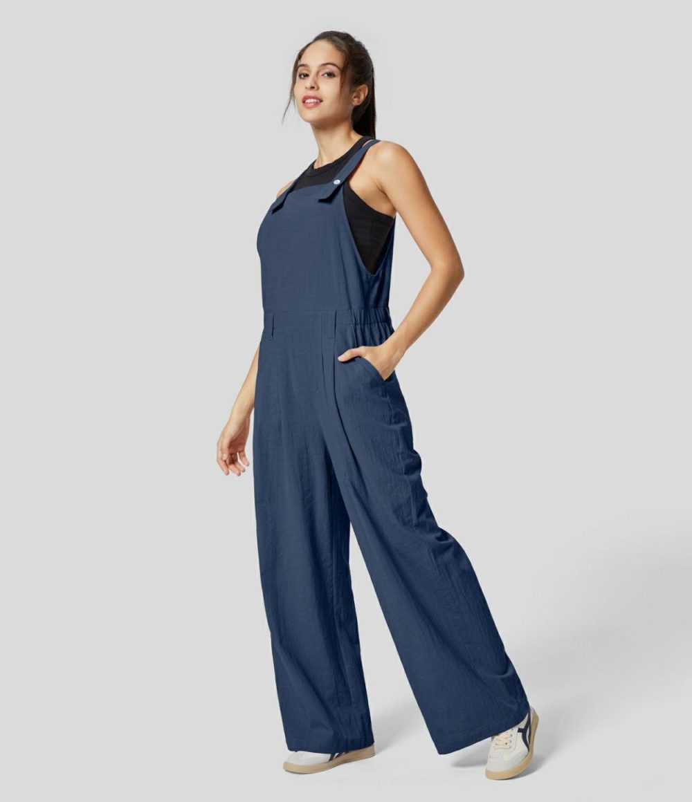 Adjustable Strap Side Pocket Plicated Casual Linen-Feel Overalls  | Womens  Overalls Clothing Overalls