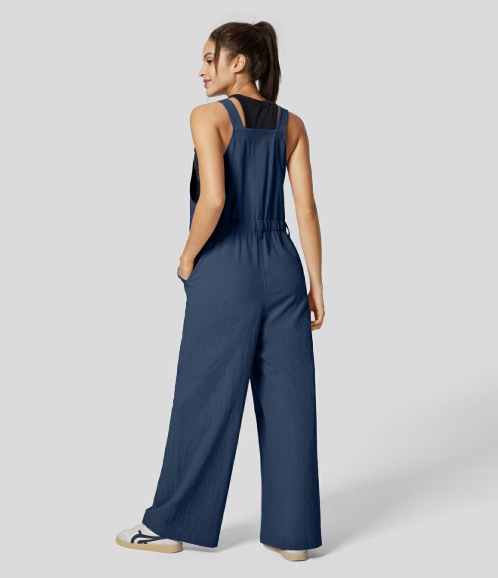 Adjustable Strap Side Pocket Plicated Casual Linen-Feel Overalls  | Womens  Overalls Clothing Overalls