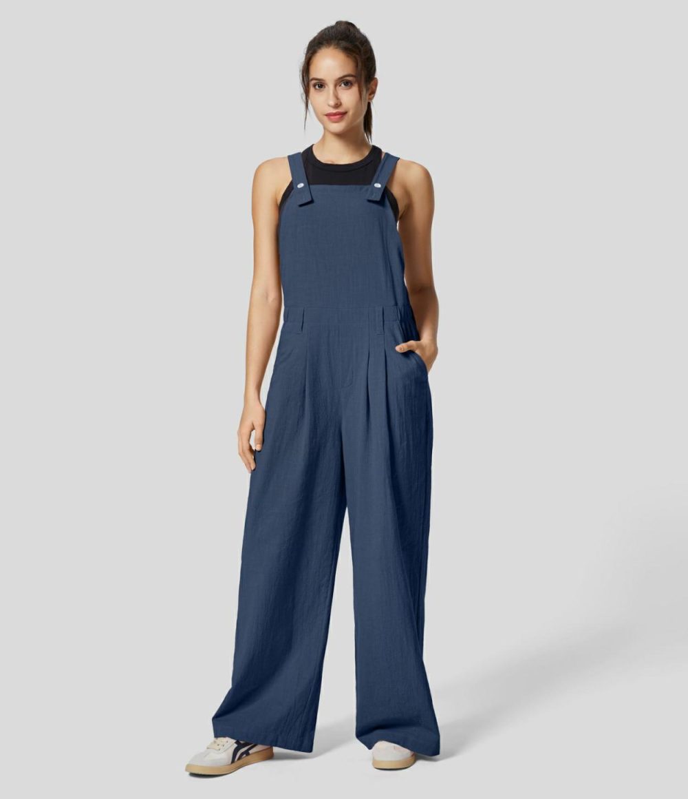 Adjustable Strap Side Pocket Plicated Casual Linen-Feel Overalls  | Womens  Overalls Clothing Overalls