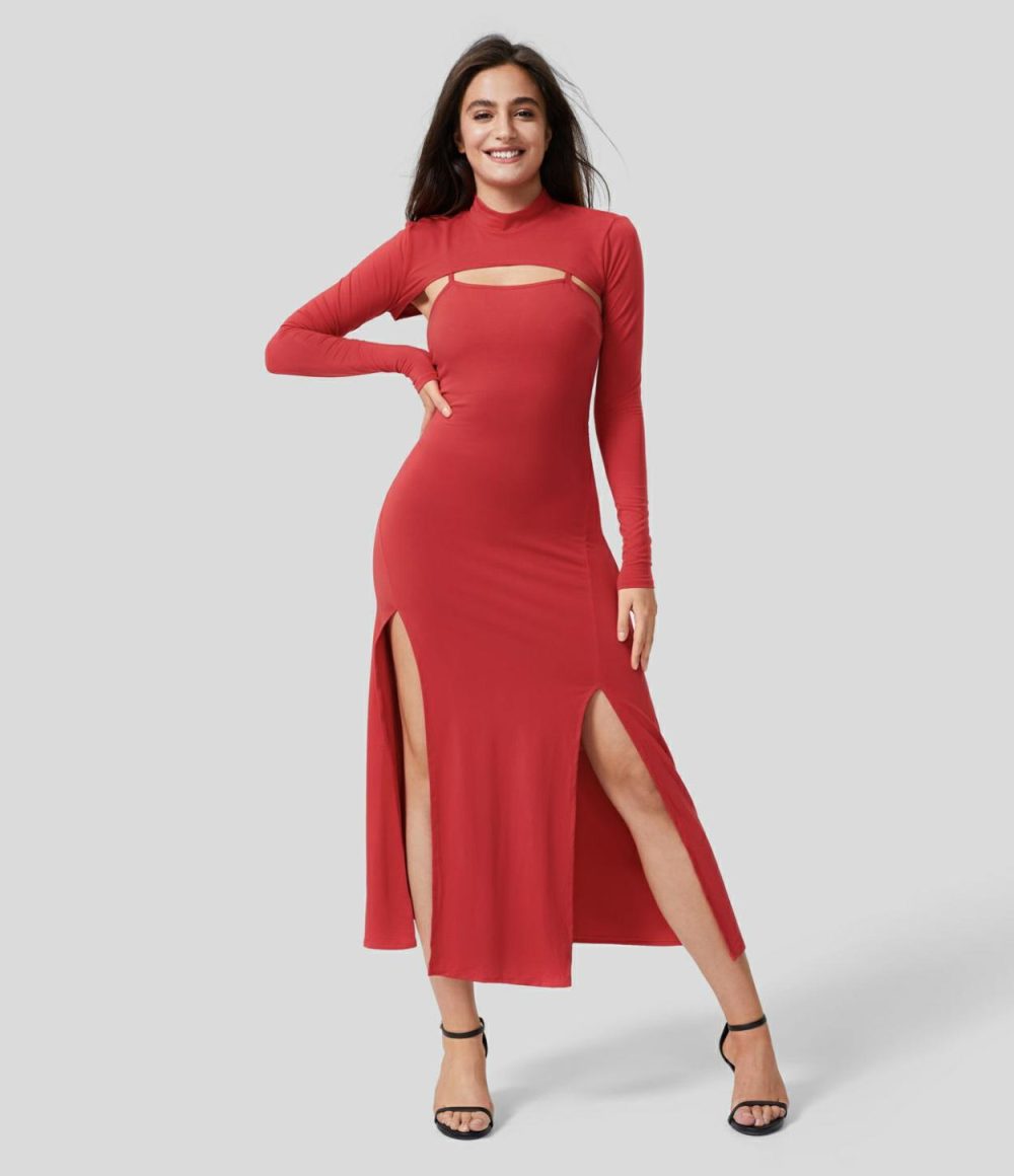 Adjustable Strap Split Hem Solid Slip Midi Casual Dress & Cropped Long Sleeve Top Set  | Womens  Cropped Tops Clothing Black/Haute Red