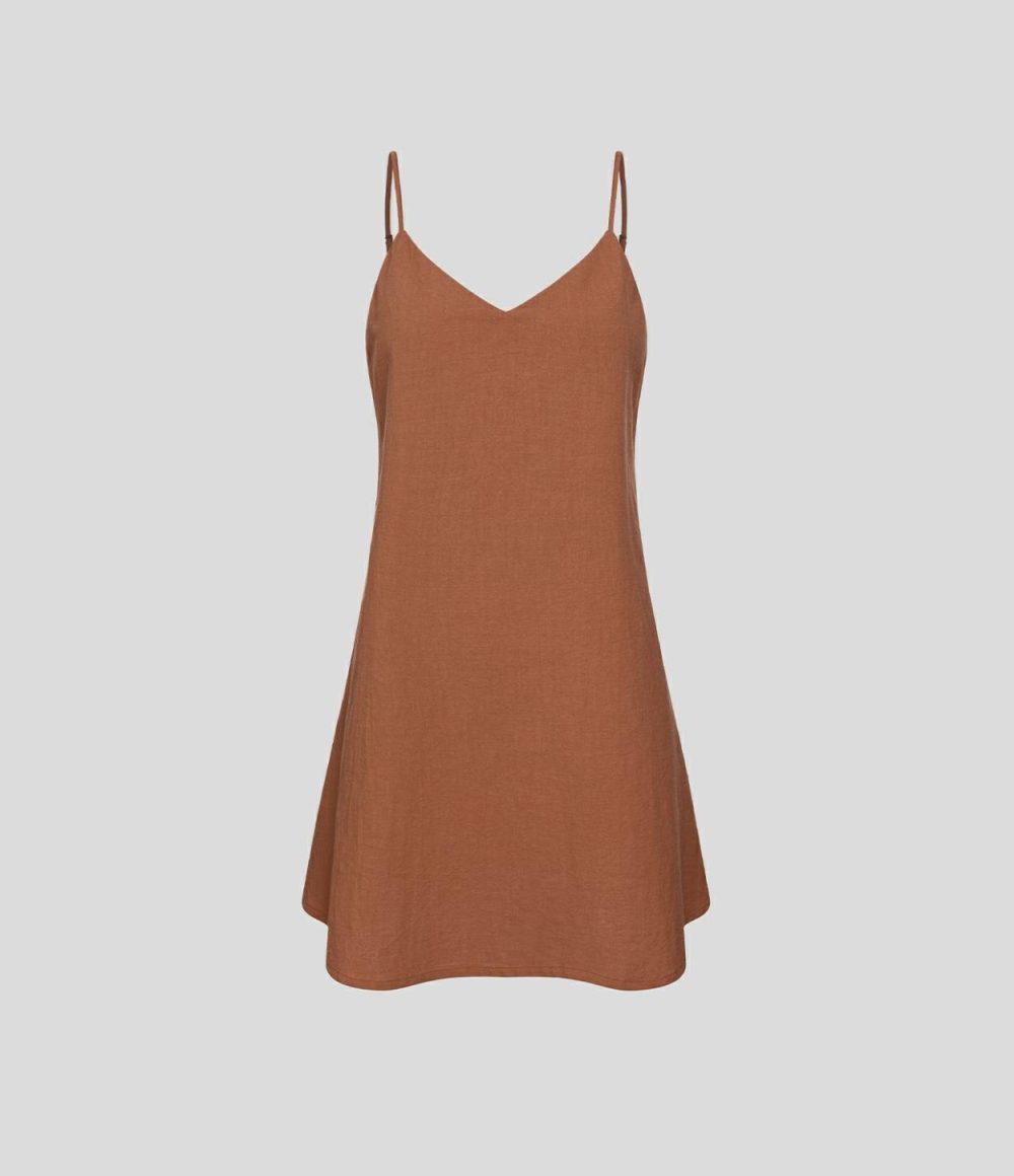 Adjustable Strap V Neck Backless Tie Back Knot Cut Out Flowy Mini Casual Linen-Feel Dress  | Womens  Mini Dresses Clothing Black/Rust Red