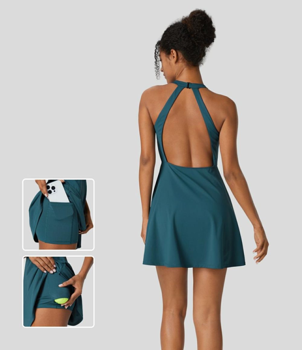 Backless 2-in-1 Pocket Quick Dry Flare Mini Tennis Active Dress  | Womens  Active Dresses Active Dresses Active Dresses