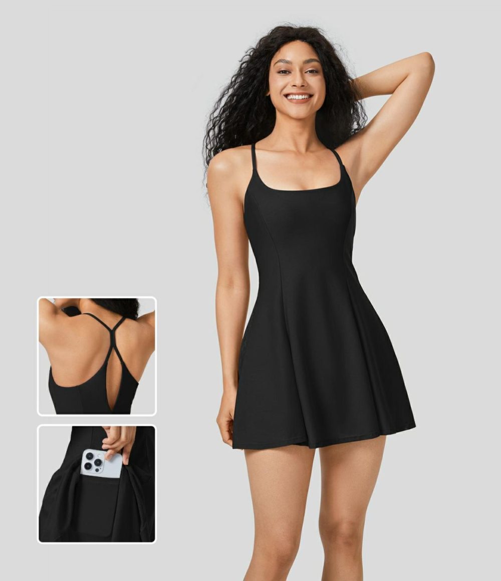 Backless 2-in-1 Side Pocket Contrast Mesh Flowy Mini Slip Dance Active Dress  | Womens  Active Dresses Active Dresses Active Dresses