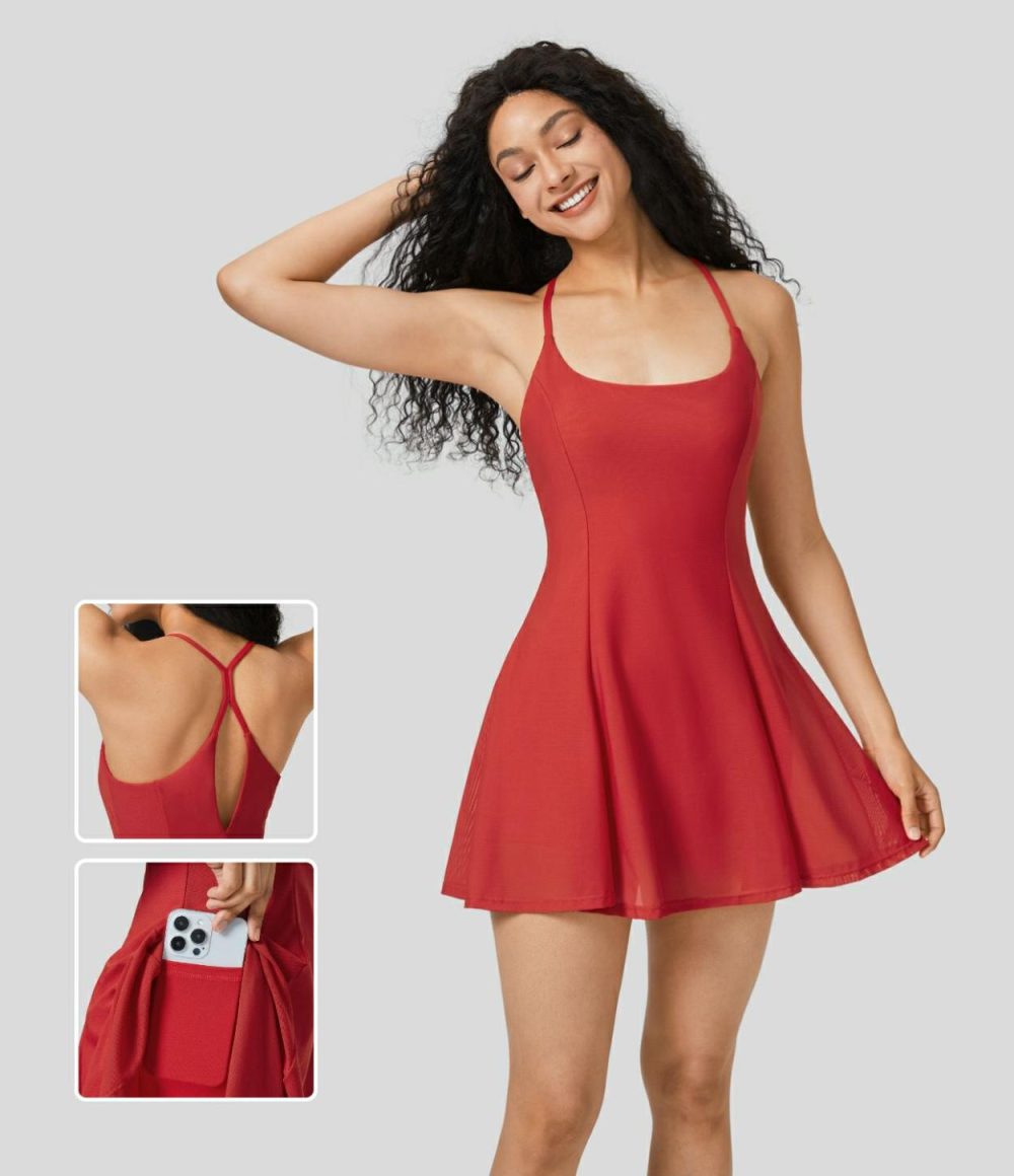 Backless 2-in-1 Side Pocket Contrast Mesh Flowy Mini Slip Dance Active Dress  | Womens  Active Dresses Active Dresses Active Dresses