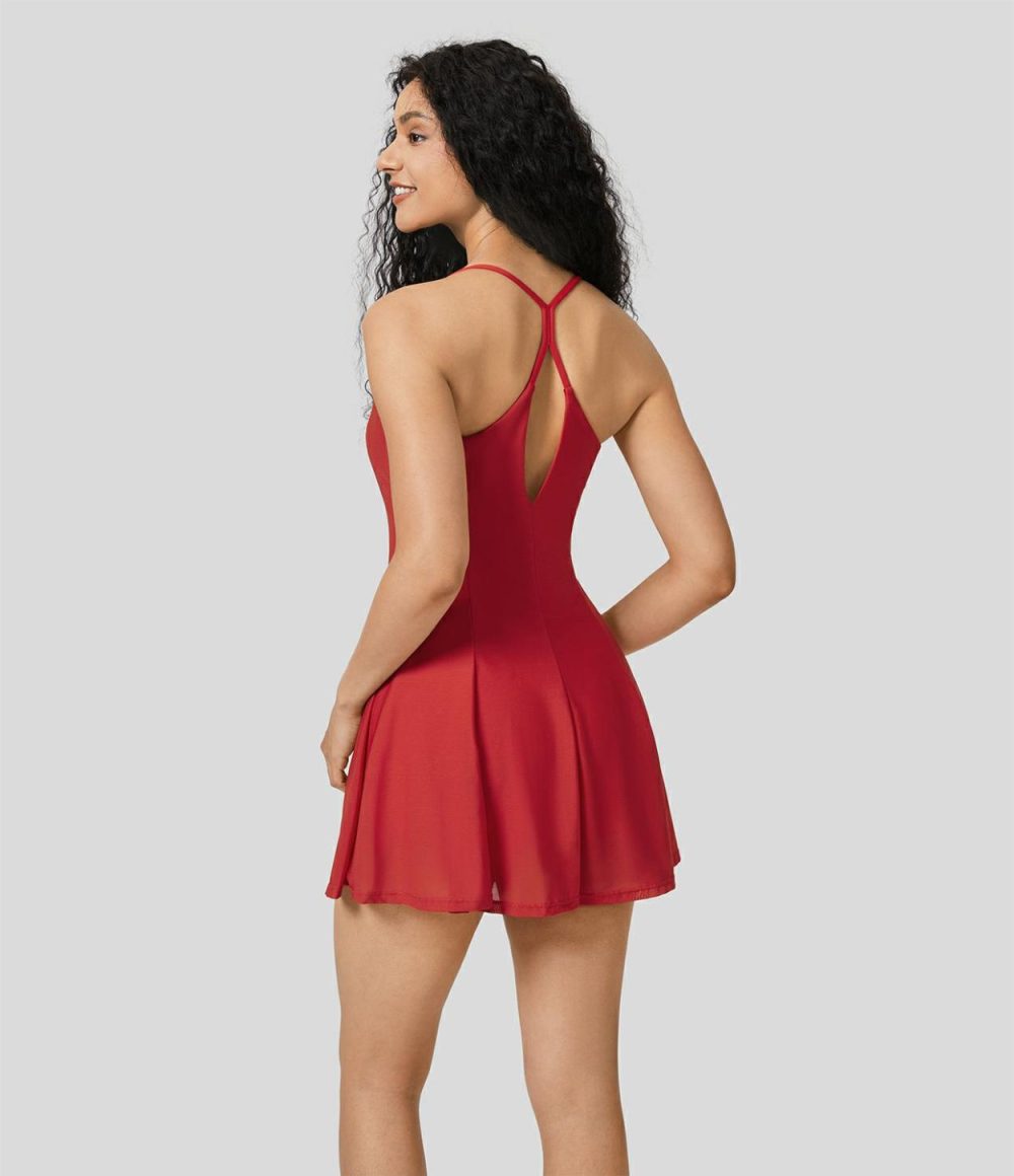 Backless 2-in-1 Side Pocket Contrast Mesh Flowy Mini Slip Dance Active Dress  | Womens  Active Dresses Active Dresses Active Dresses