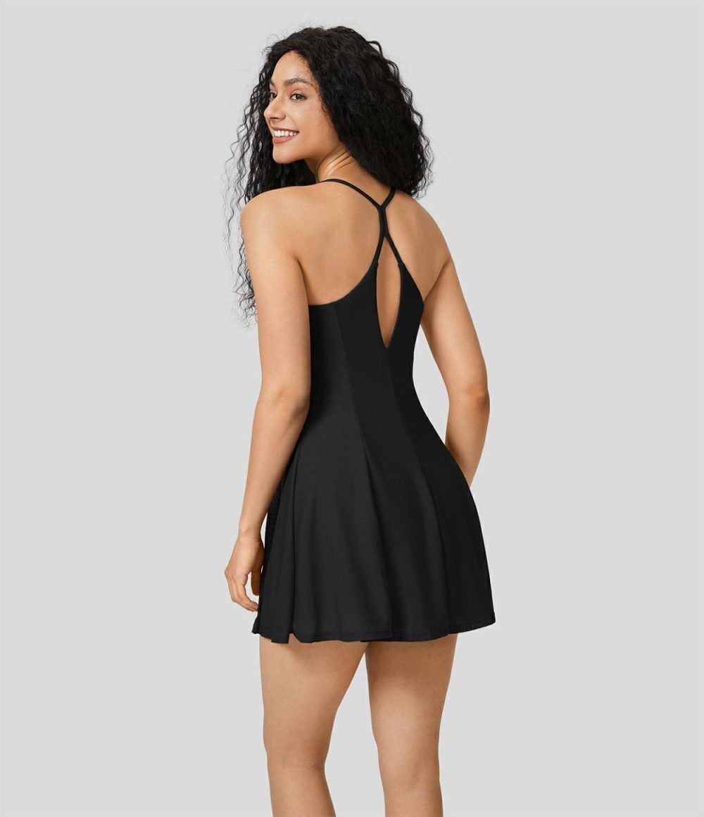 Backless 2-in-1 Side Pocket Contrast Mesh Flowy Mini Slip Dance Active Dress  | Womens  Active Dresses Active Dresses Active Dresses