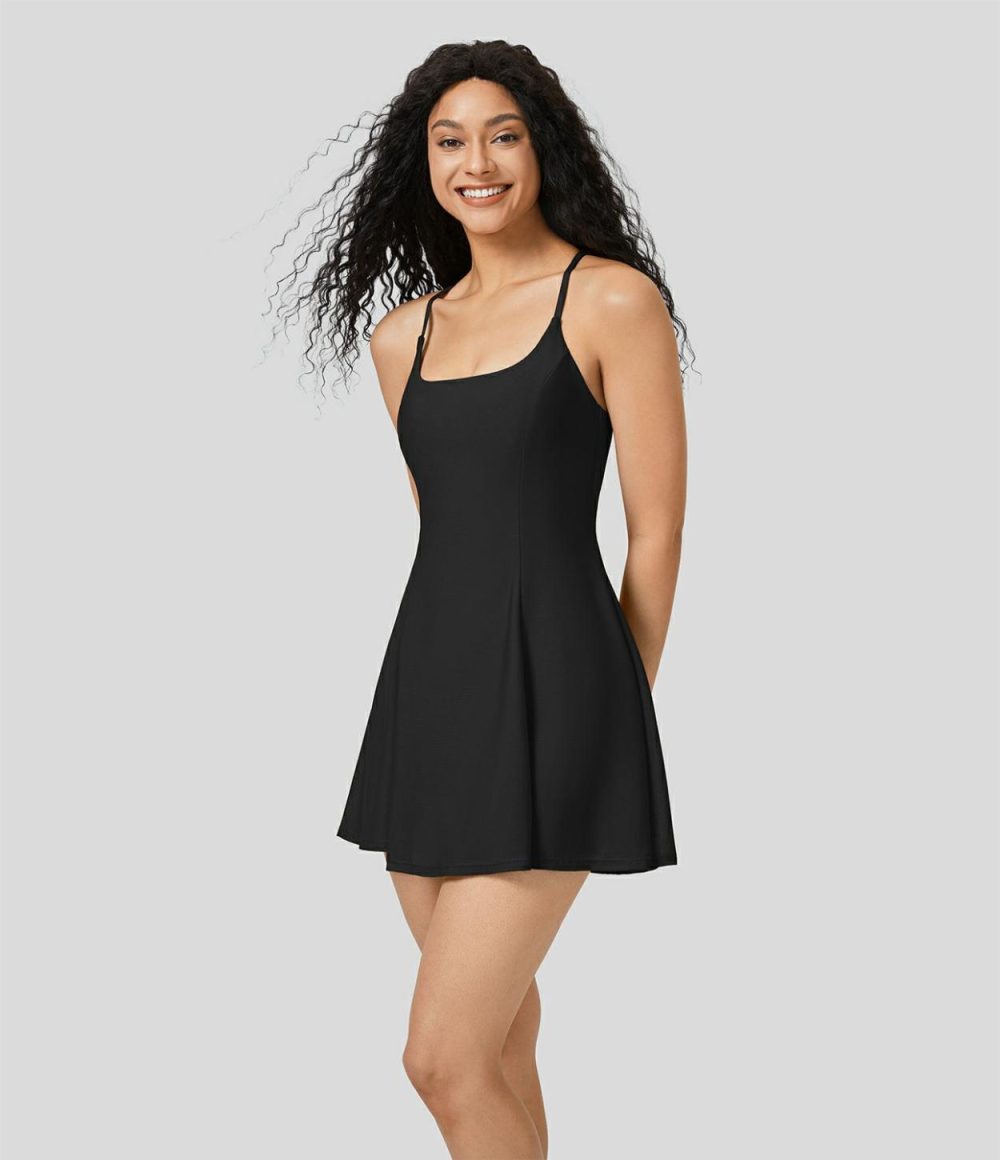 Backless 2-in-1 Side Pocket Contrast Mesh Flowy Mini Slip Dance Active Dress  | Womens  Active Dresses Active Dresses Active Dresses