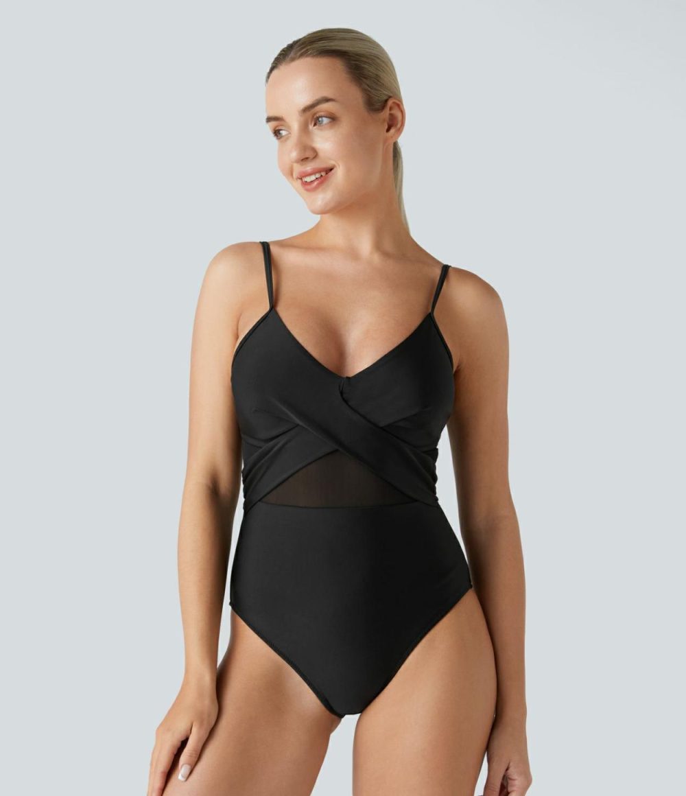 Backless Adjustable Strap & G-Hook Crossover Contrast Mesh One Piece Swimsuit  | Womens  Swimwear Sets Clothing Sandalwood Violet/Black