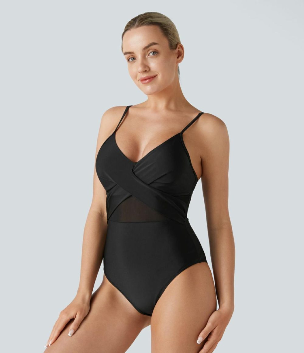 Backless Adjustable Strap & G-Hook Crossover Contrast Mesh One Piece Swimsuit  | Womens  Swimwear Sets Clothing Sandalwood Violet/Black