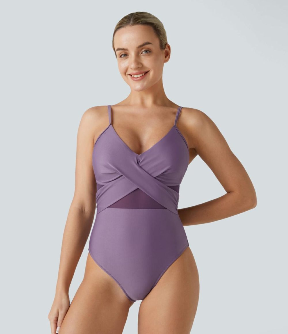 Backless Adjustable Strap & G-Hook Crossover Contrast Mesh One Piece Swimsuit  | Womens  Swimwear Sets Clothing Sandalwood Violet/Black