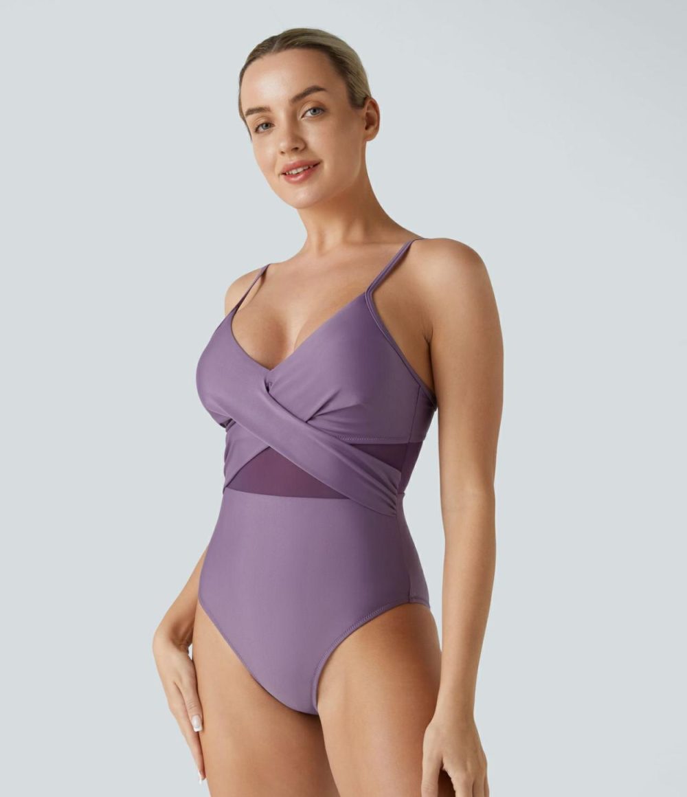 Backless Adjustable Strap & G-Hook Crossover Contrast Mesh One Piece Swimsuit  | Womens  Swimwear Sets Clothing Sandalwood Violet/Black