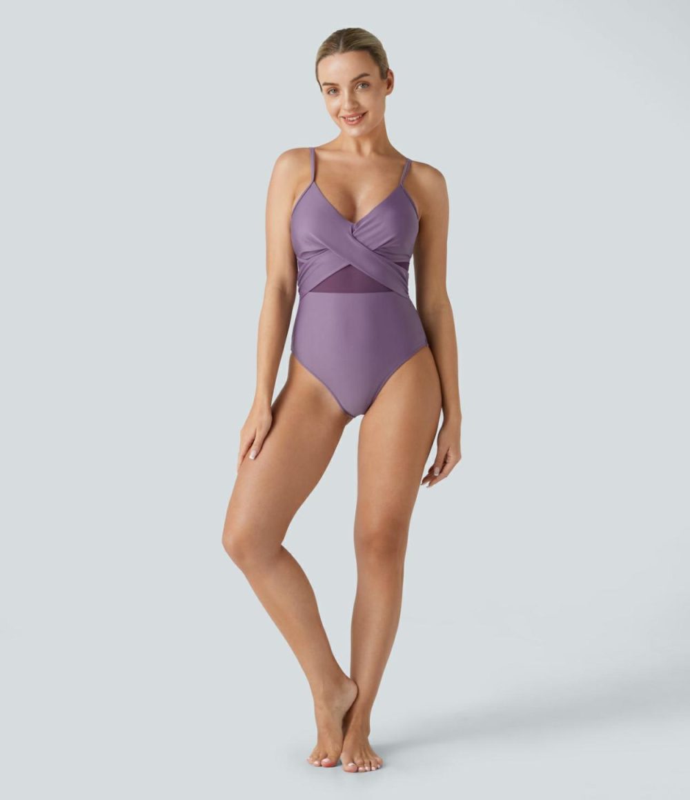 Backless Adjustable Strap & G-Hook Crossover Contrast Mesh One Piece Swimsuit  | Womens  Swimwear Sets Clothing Sandalwood Violet/Black