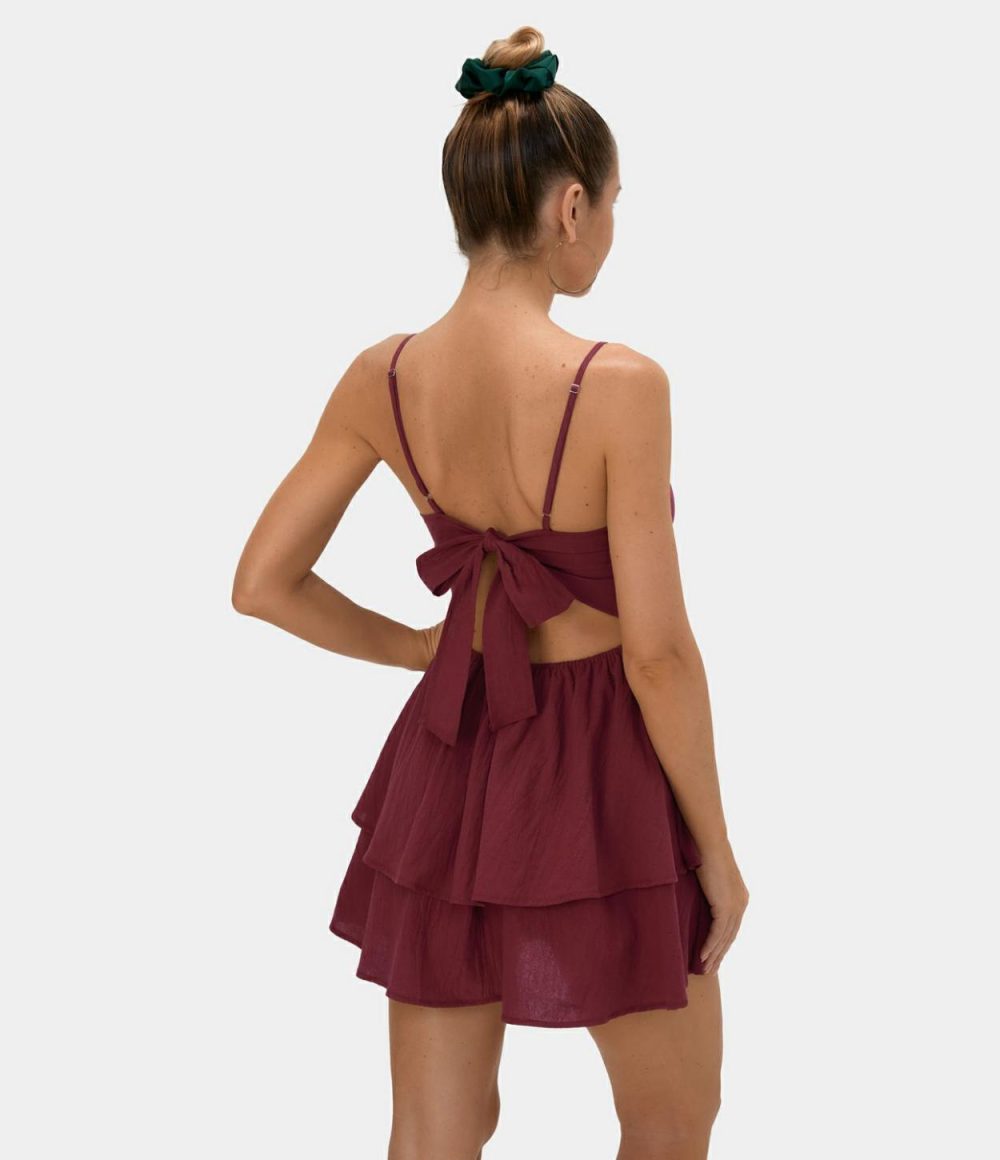 Backless Adjustable Strap Tie Back Tiered Ruffle Flowy Slip Mini Casual Linen-Feel Dress  | Womens  Mini Dresses Clothing Mini Dresses