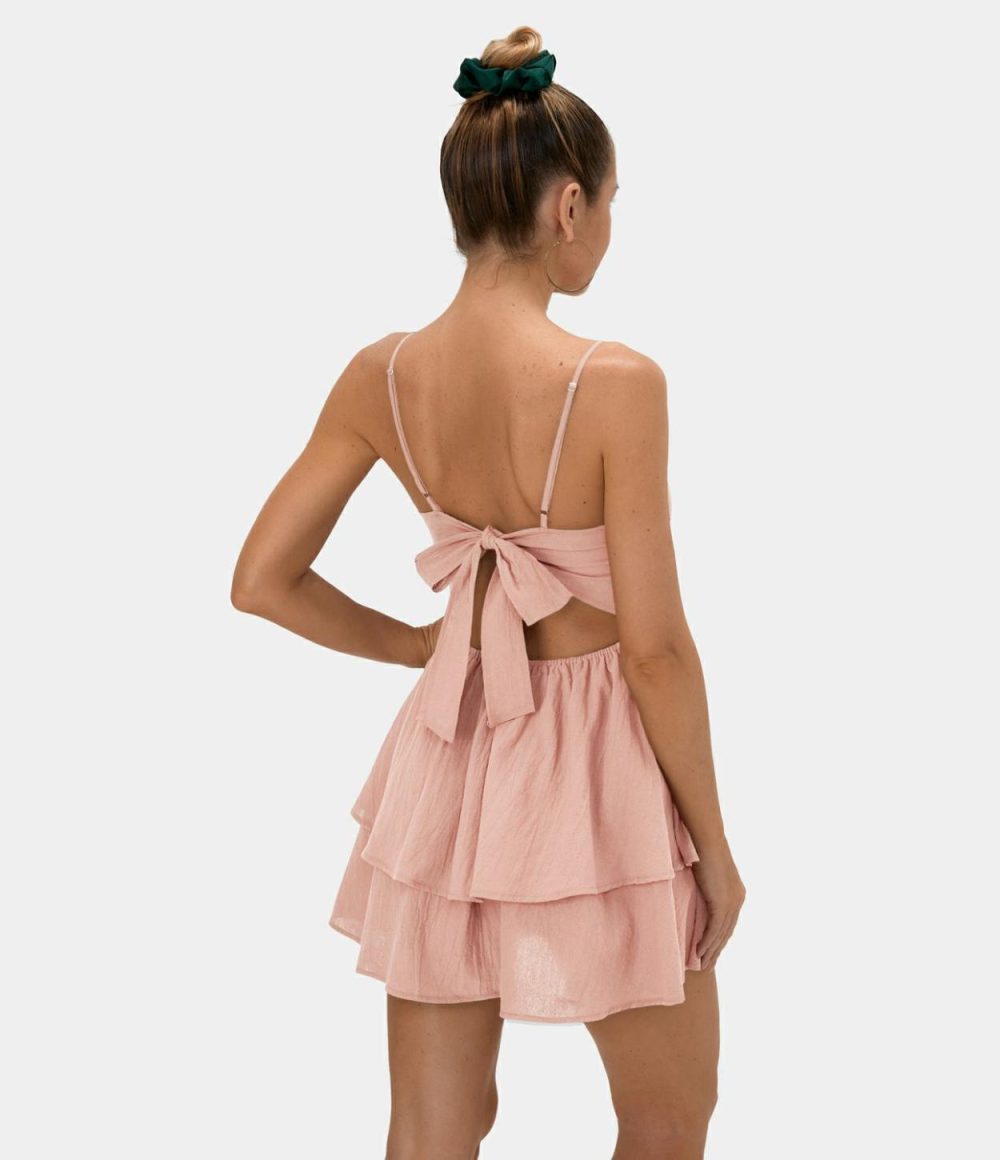 Backless Adjustable Strap Tie Back Tiered Ruffle Flowy Slip Mini Casual Linen-Feel Dress  | Womens  Mini Dresses Clothing Mini Dresses