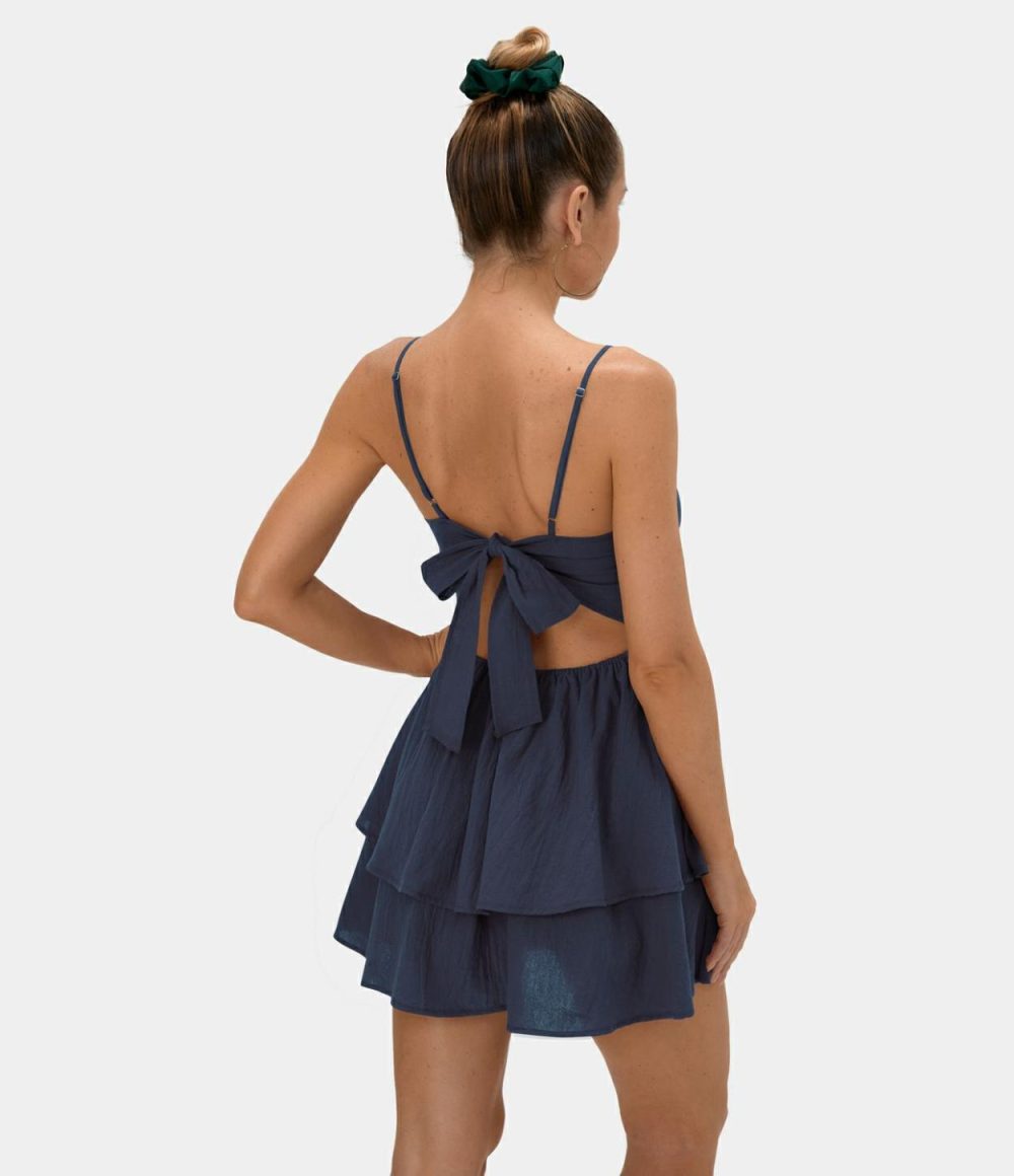 Backless Adjustable Strap Tie Back Tiered Ruffle Flowy Slip Mini Casual Linen-Feel Dress  | Womens  Mini Dresses Clothing Mini Dresses