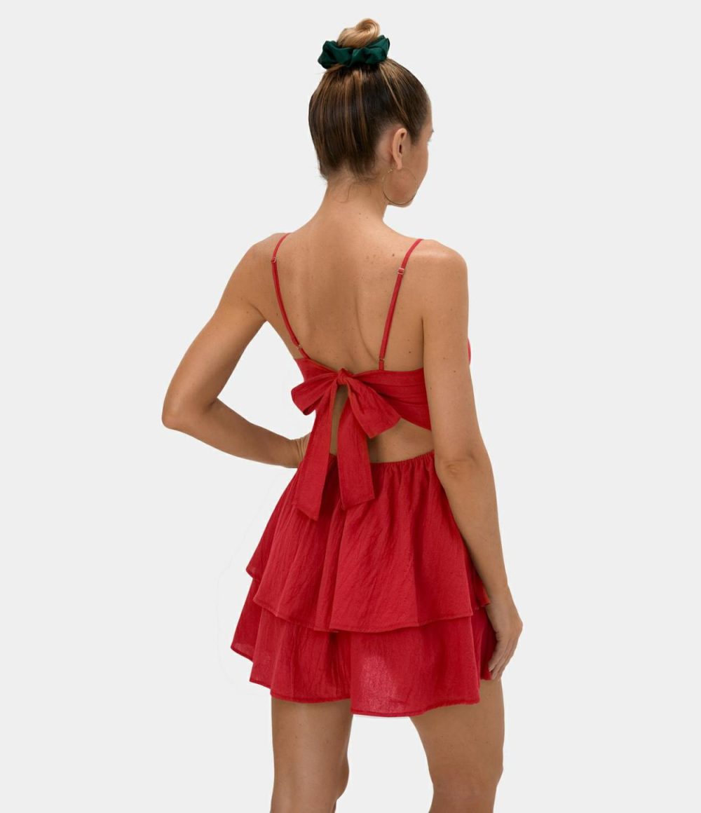 Backless Adjustable Strap Tie Back Tiered Ruffle Flowy Slip Mini Casual Linen-Feel Dress  | Womens  Mini Dresses Clothing Mini Dresses