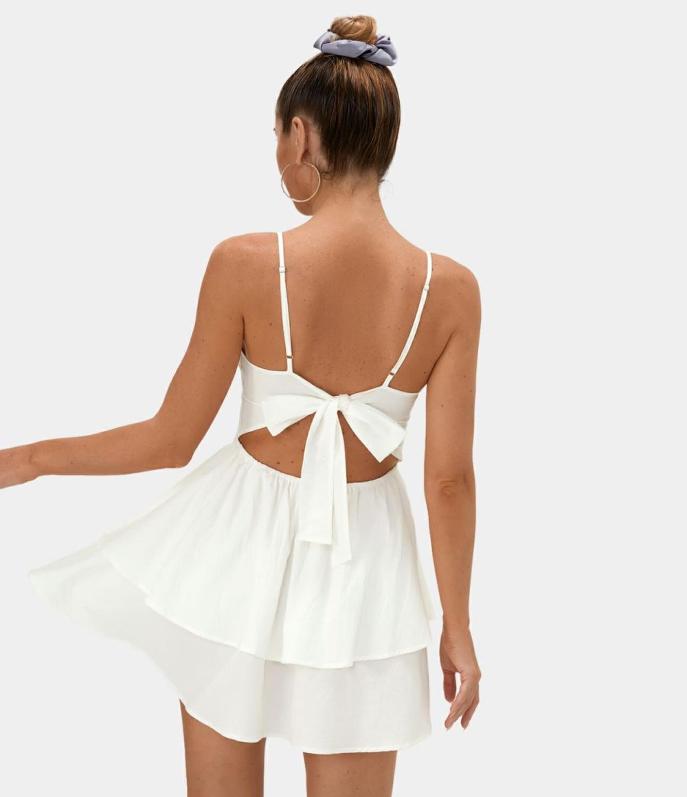 Backless Adjustable Strap Tie Back Tiered Ruffle Flowy Slip Mini Casual Linen-Feel Dress  | Womens  Mini Dresses Clothing Mini Dresses