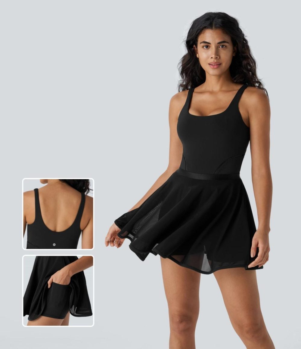 Backless Contrast Mesh Hem 2-in-1 Side Pocket Mini Dance Active Dress  | Womens  Active Dresses Active Dresses Active Dresses