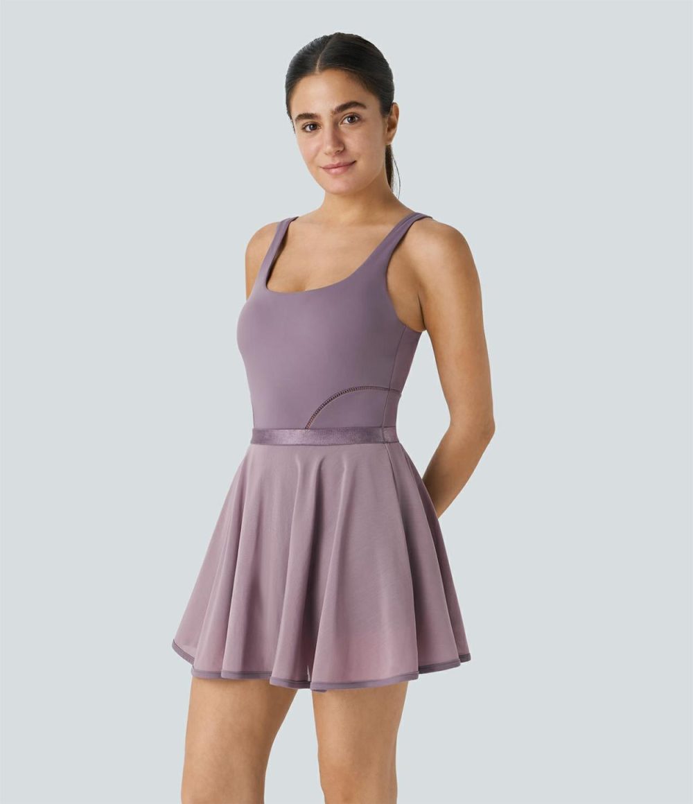 Backless Contrast Mesh Hem 2-in-1 Side Pocket Mini Dance Active Dress  | Womens  Active Dresses Active Dresses Active Dresses