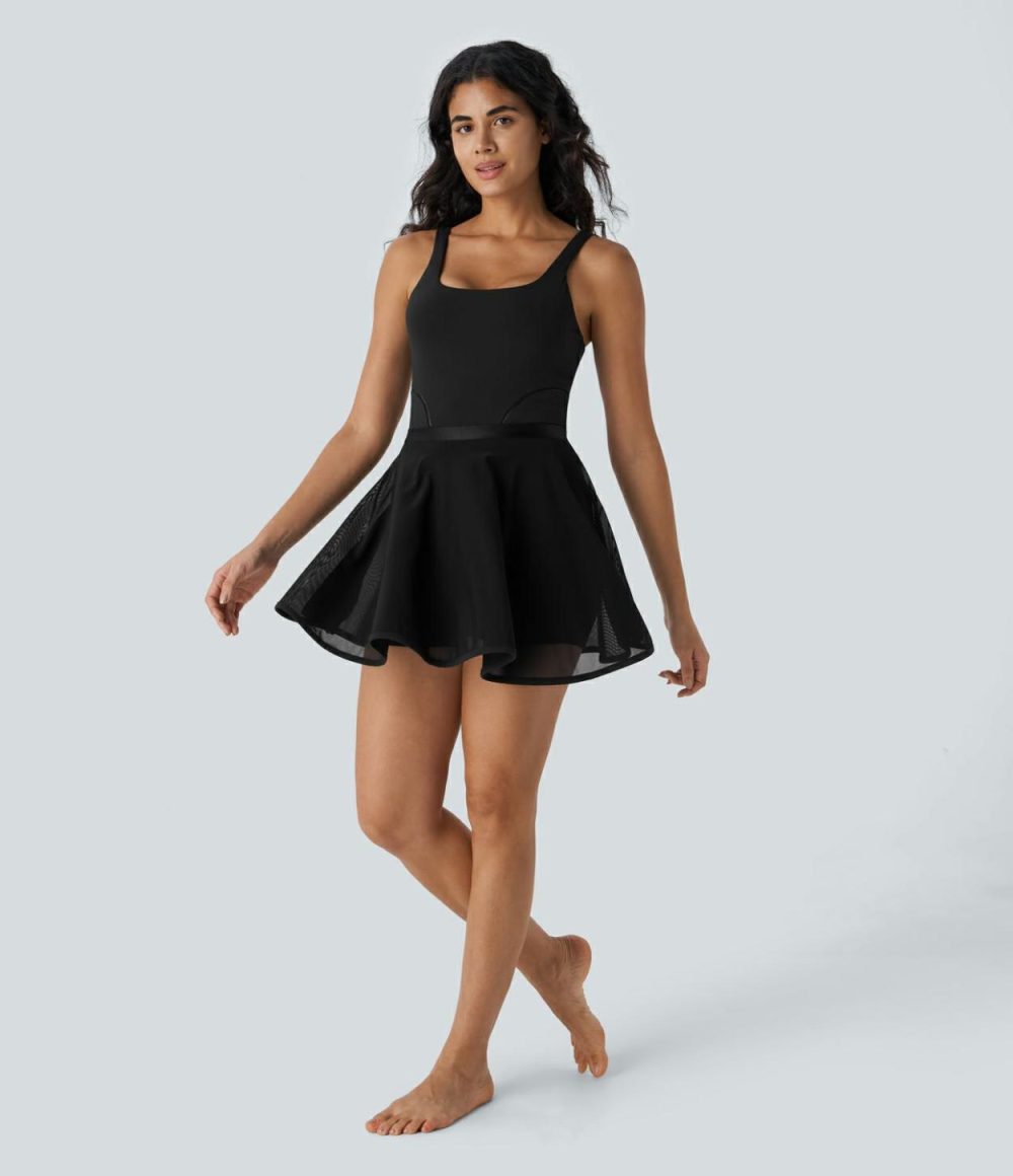 Backless Contrast Mesh Hem 2-in-1 Side Pocket Mini Dance Active Dress  | Womens  Active Dresses Active Dresses Active Dresses