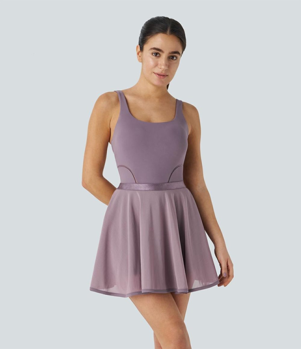 Backless Contrast Mesh Hem 2-in-1 Side Pocket Mini Dance Active Dress  | Womens  Active Dresses Active Dresses Active Dresses