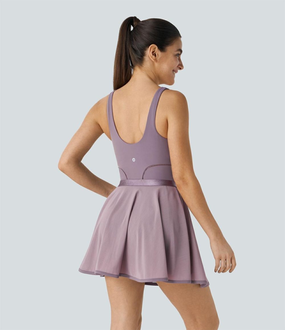 Backless Contrast Mesh Hem 2-in-1 Side Pocket Mini Dance Active Dress  | Womens  Active Dresses Active Dresses Active Dresses